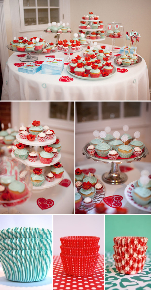 turquoise and red wedding dessert table