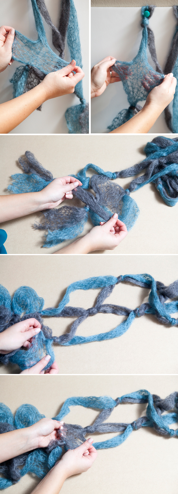 DIY easy grey and turquoise knotted scarf tutorial on SomethingTurquoise.com