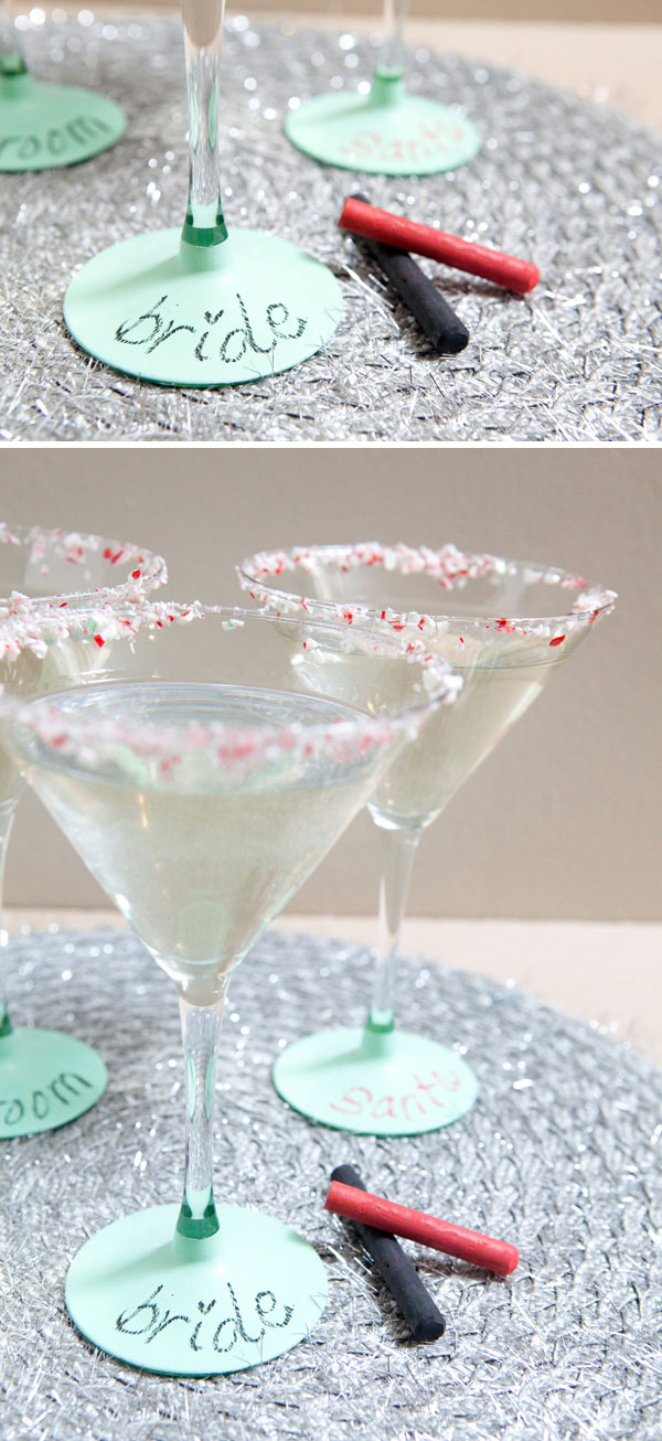 DIY chalkboard martini glasses! Write your name and take a sip! www.SomethingTurquoise.com