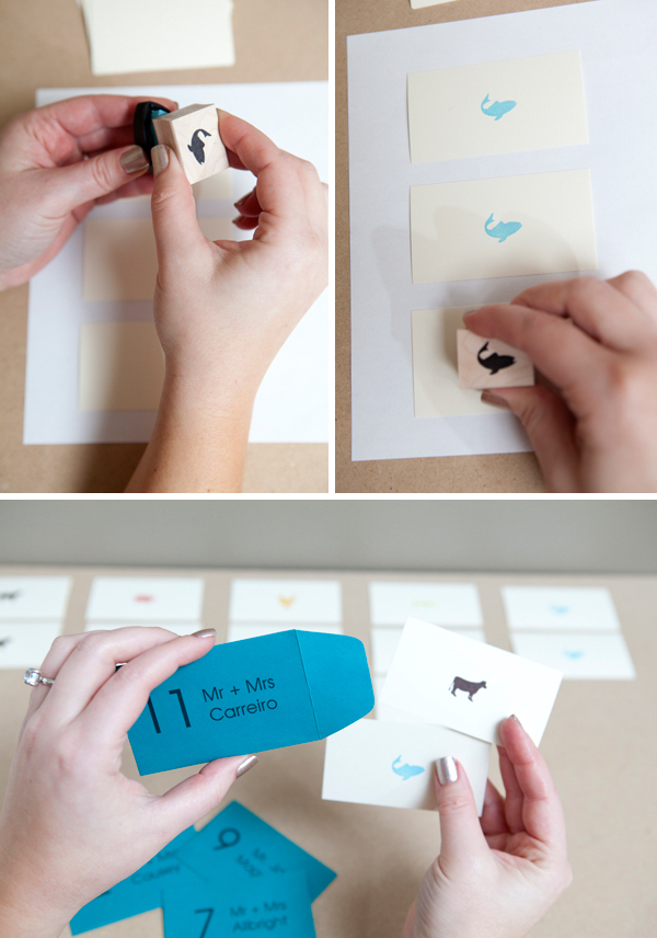 Mini-envelope Escort Cards with menu options! Something Turquoise
