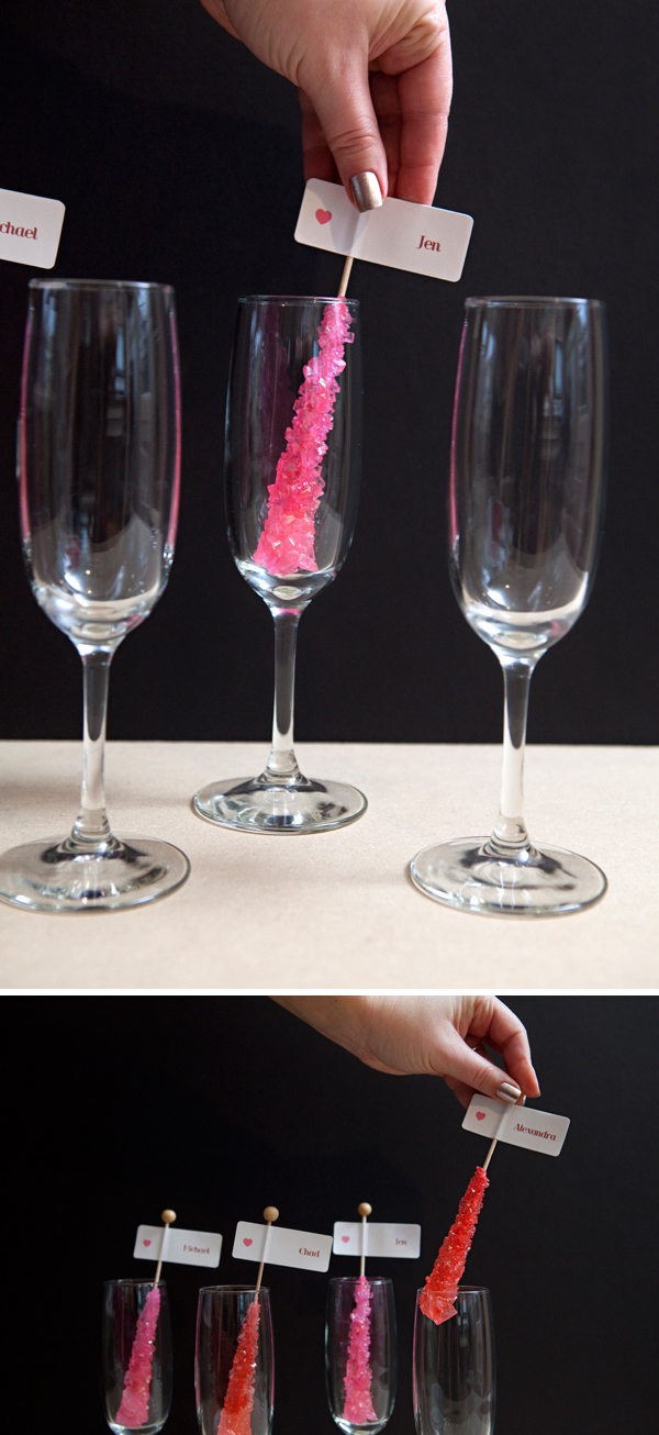 DIY Rock Candy Champagne Glass Seating Cards via Something Turquoise