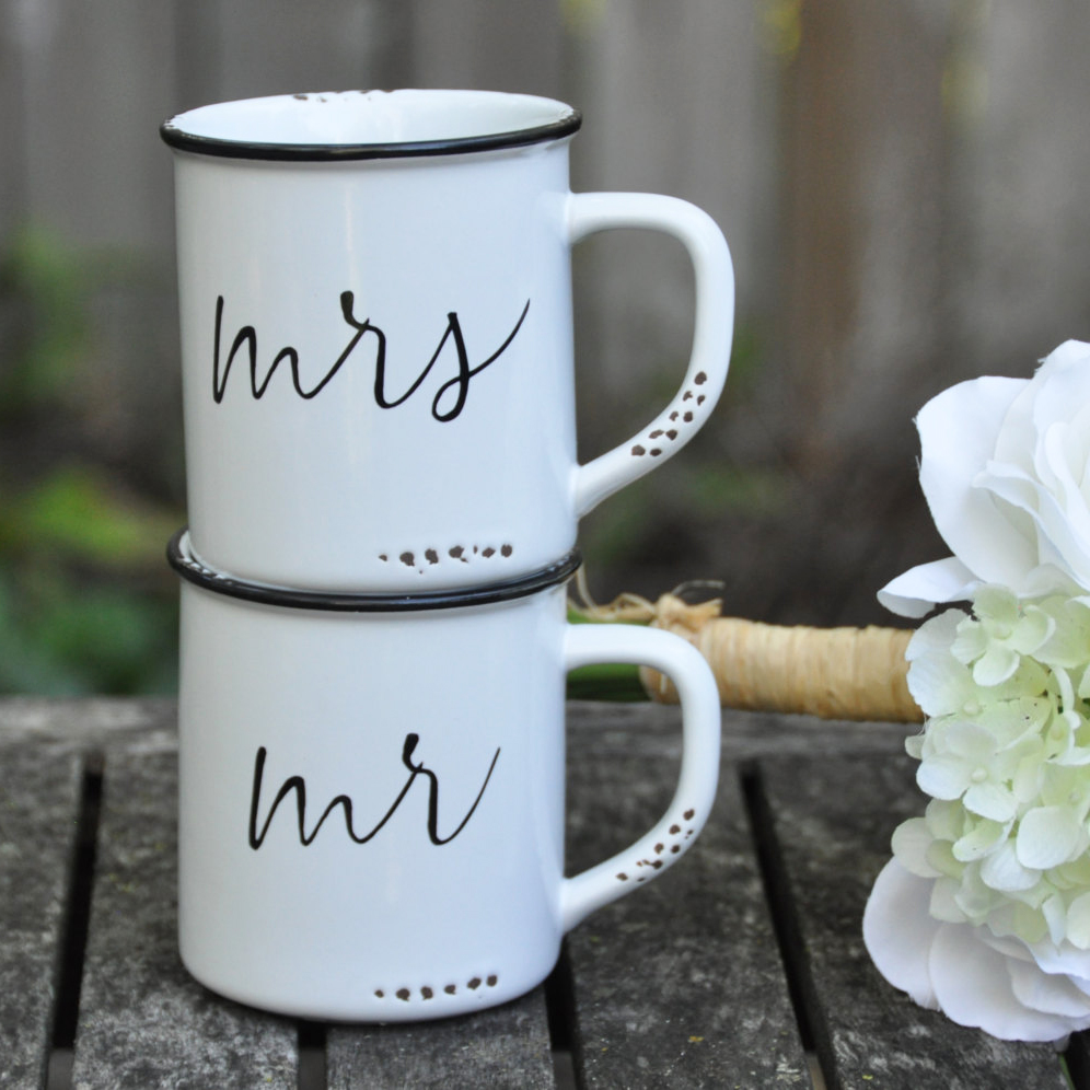 Darling Mr and Mrs camping mugs from Lace & Twig