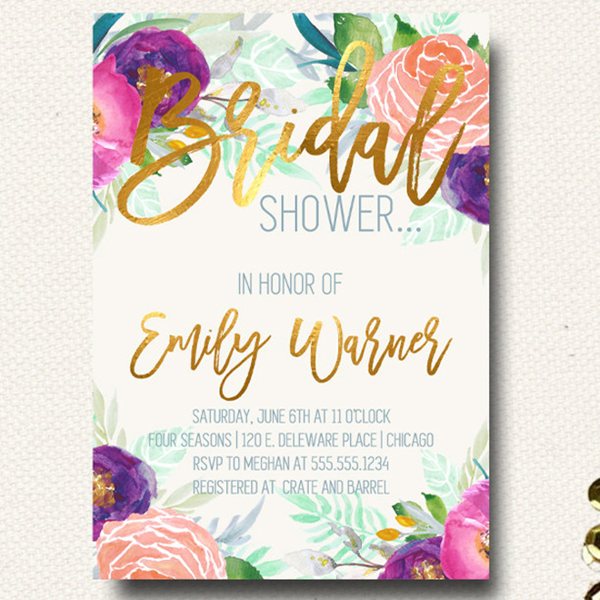 Gorgeous floral and gold foil bridal shower invitation by Design On Paper!