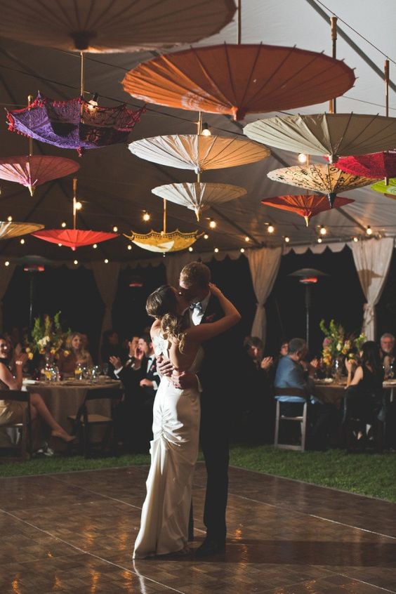 Parasols on the ceiling!  Such a fun idea!