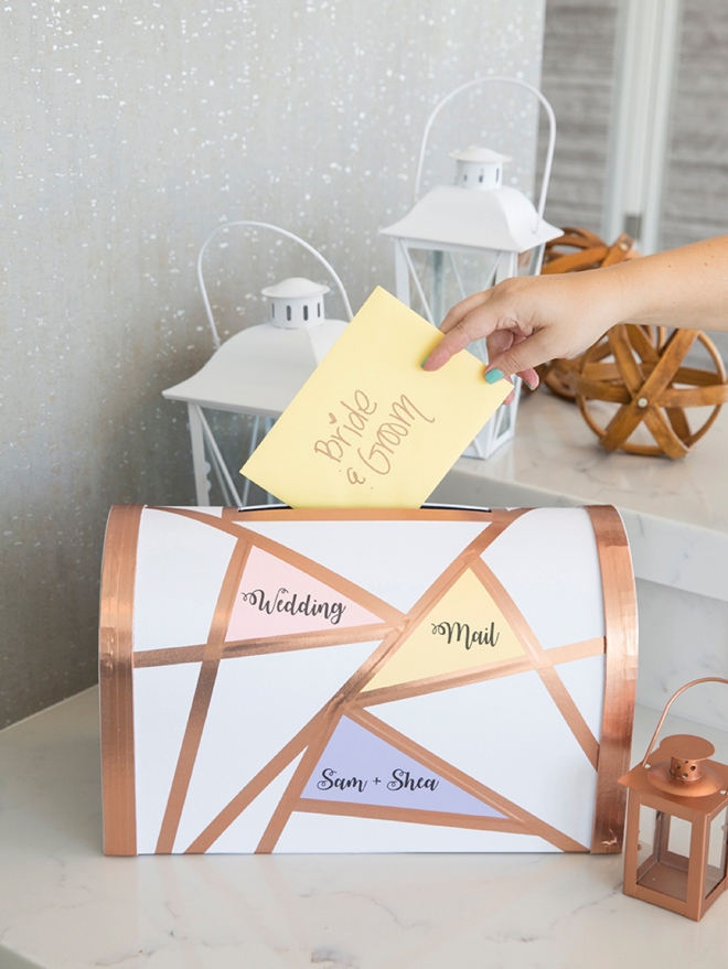 Adorable DIY geometric wedding mailbox card box