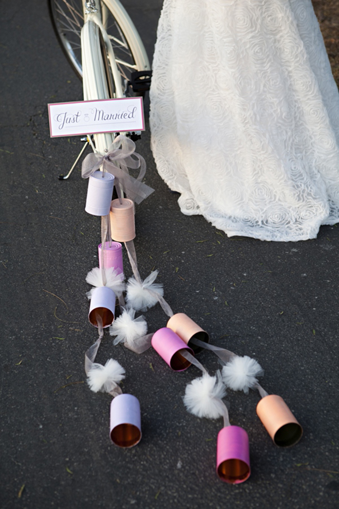 Our DIY pom pom and can  tutorial is perfect for your wedding car decor