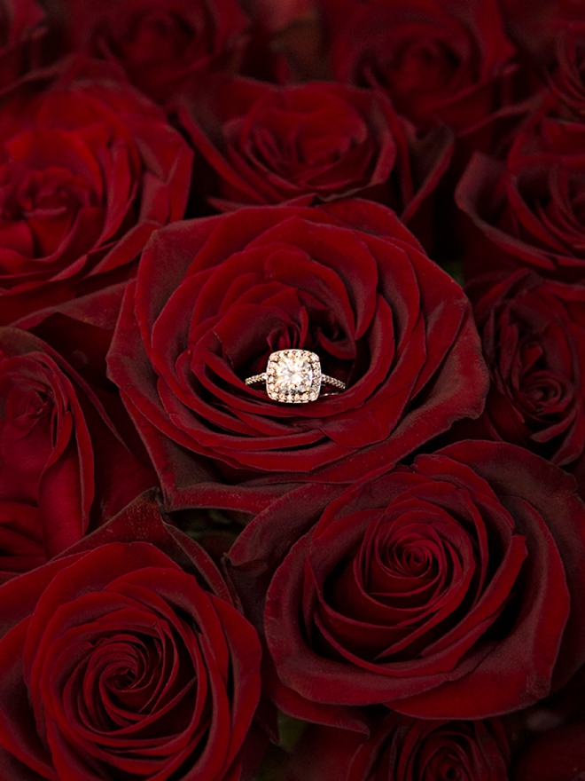 Stunning wedding ring shot in the middle of Black Magic roses!
