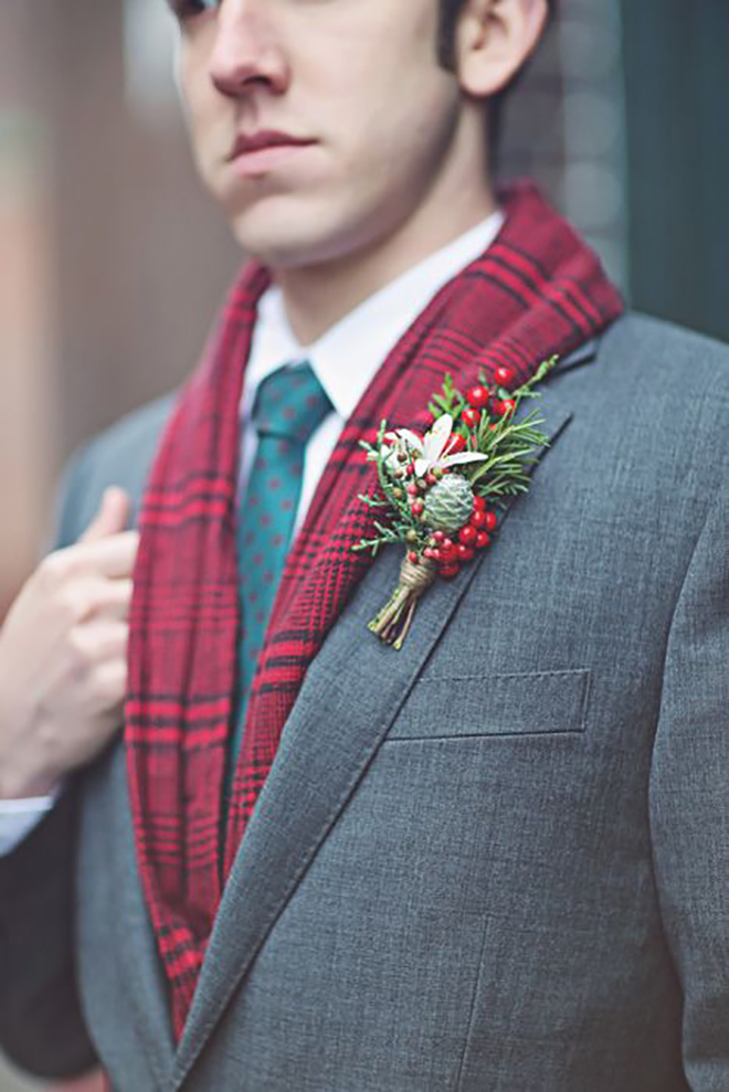 A boutonniere in holiday colors adds a little spirit.