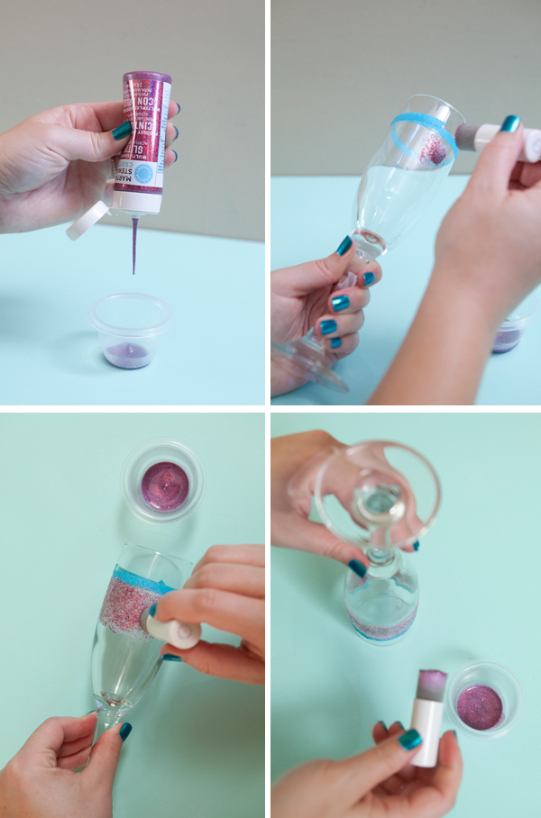 glam glitter champagne glass DIY by SomethingTurquoise.com