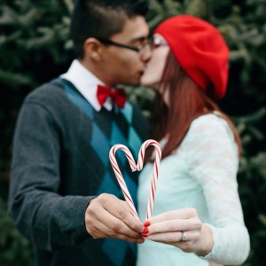 teal and red christmas engagement shoot