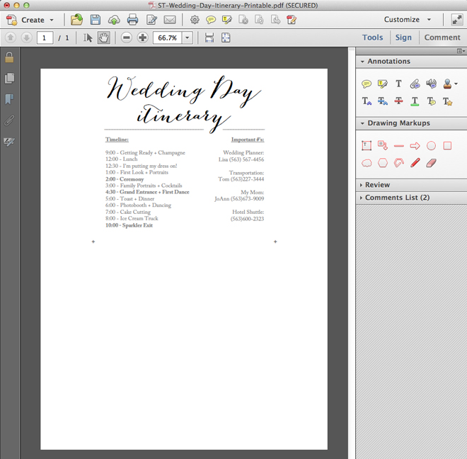 FREE, simple wedding day itinerary card printable!