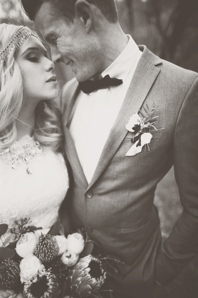 Gorgeous bride and groom portrait in black and white