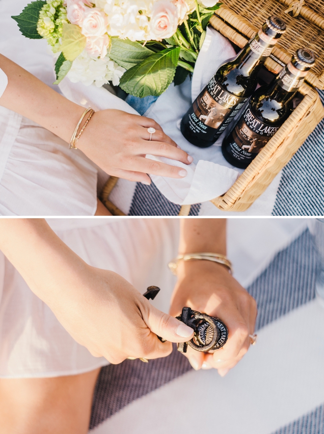 Toasting with beer during engagement shoot!