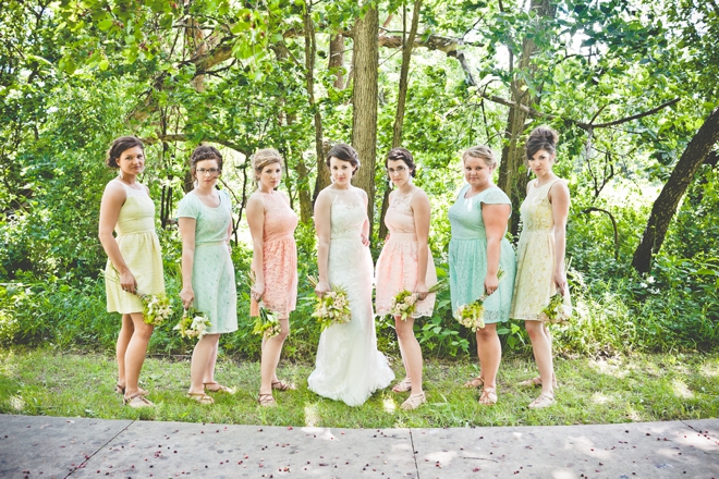 Darling mismatched bridesmaids dresses!