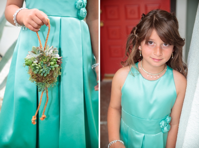 Turquoise flower girl with succulents