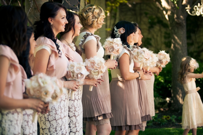 Gorgeous mismatched bridesmaids, mauve, pink and lace!