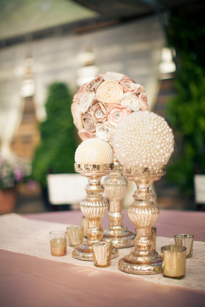 Paper flowers and pearl globe centerpieces!