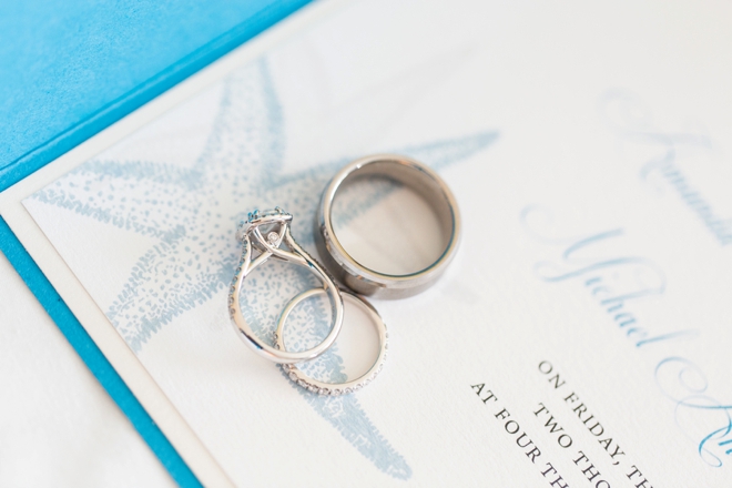 Wedding rings shot on wedding invitation
