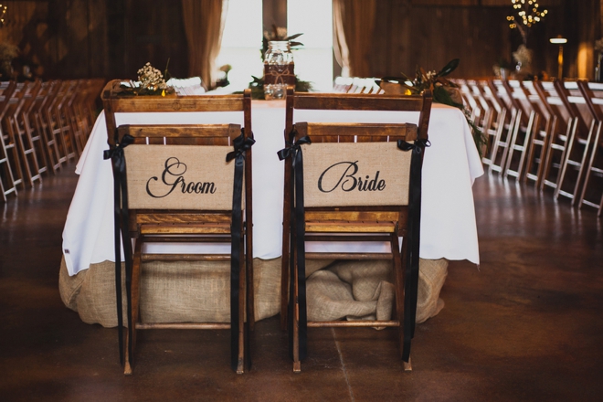 Rustic bride and groom reception chair signs