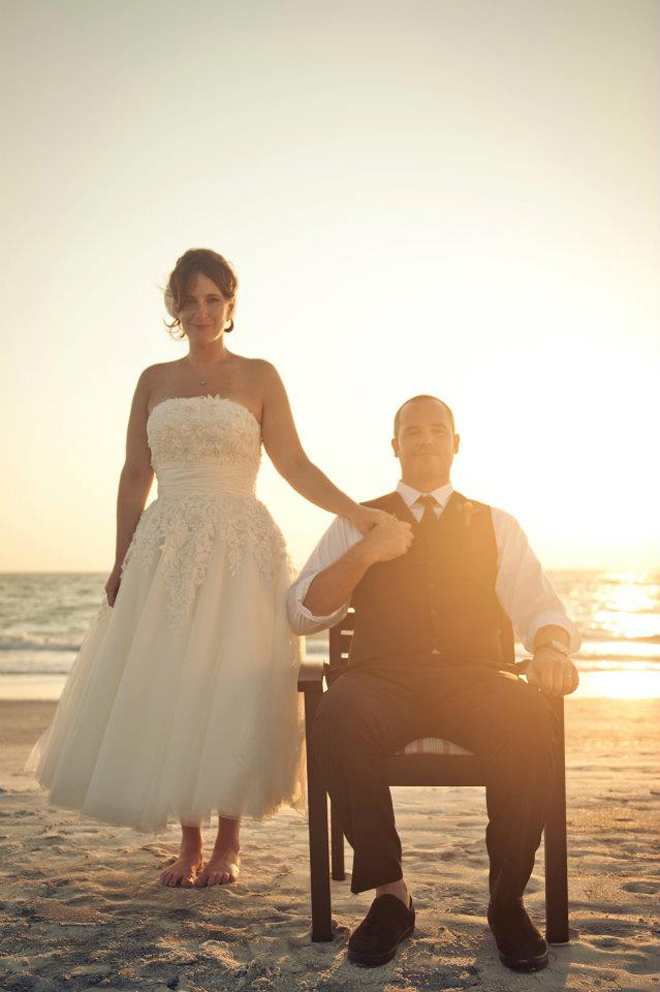 Bride and Groom on the beach at sunset