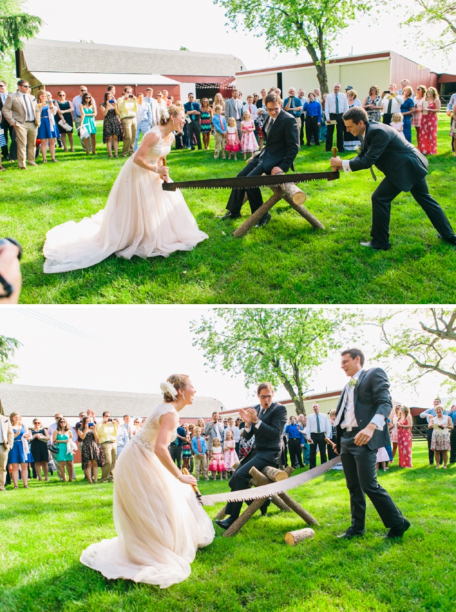 Bride and groom sawing a log together