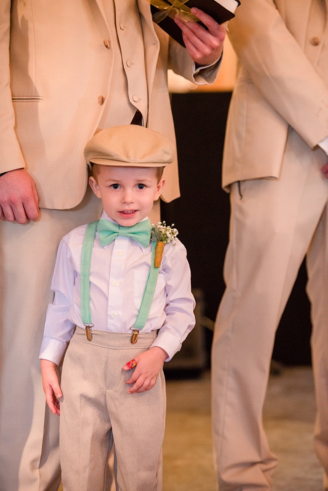 Rustic ring bearer with turquoise suspenders