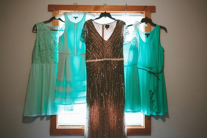 Turquoise bridesmaid dresses and sequin wedding dress