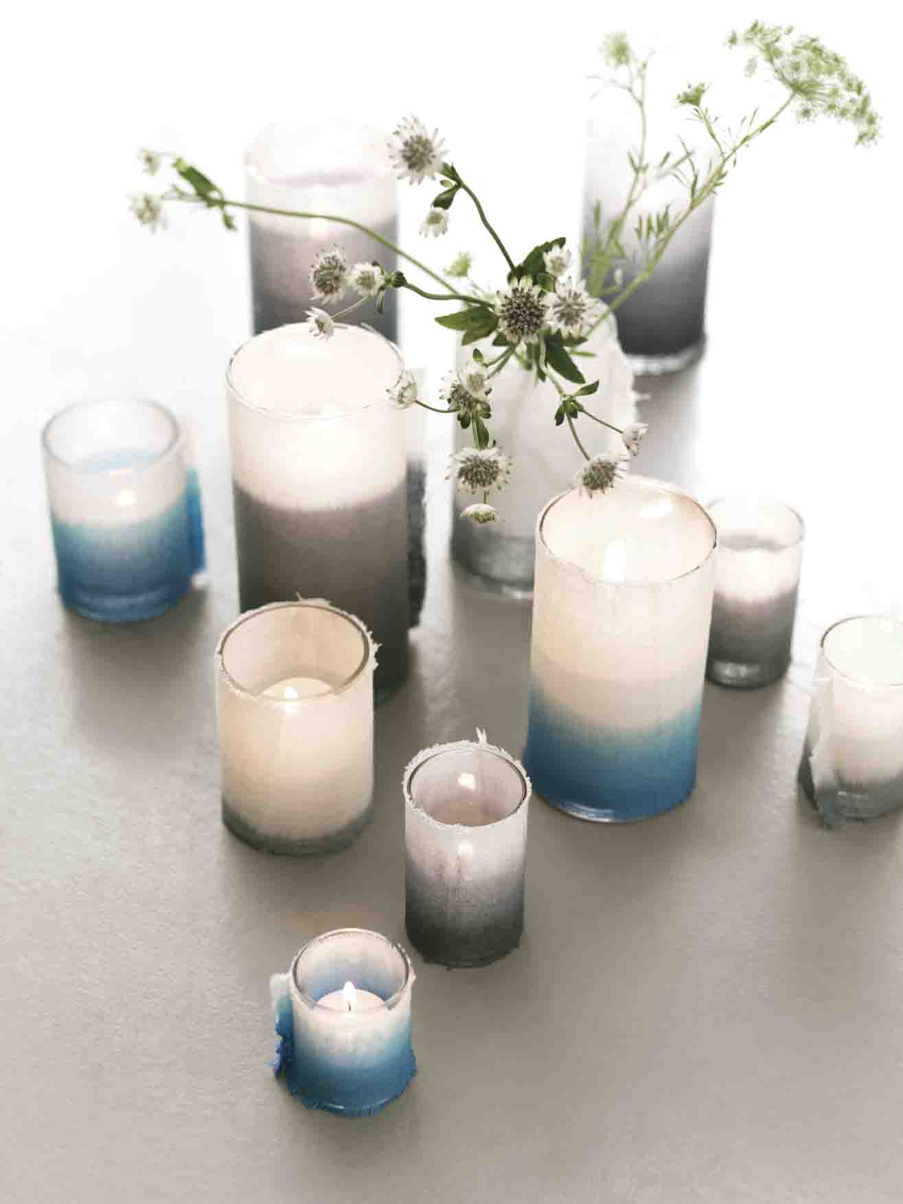 Dip dyed canvas candle sleeves from Martha Stewart Weddings