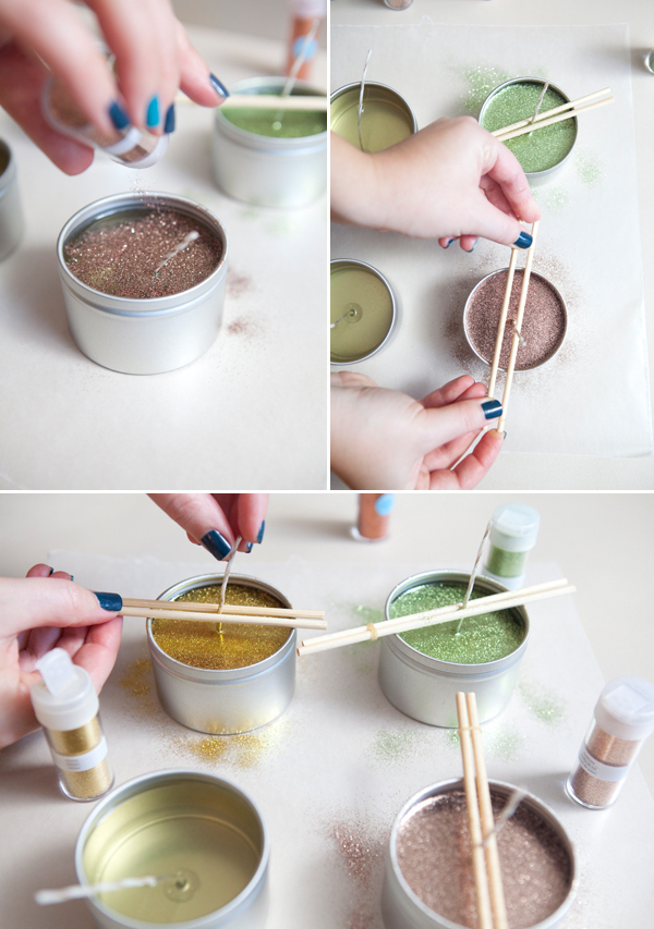 Learn how to make poured candles and add glitter to the top!