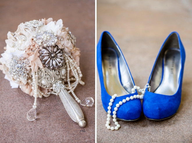 Broach bouquet and blue wedding shoes