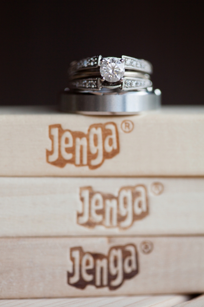 Wedding rings on top of Jenga