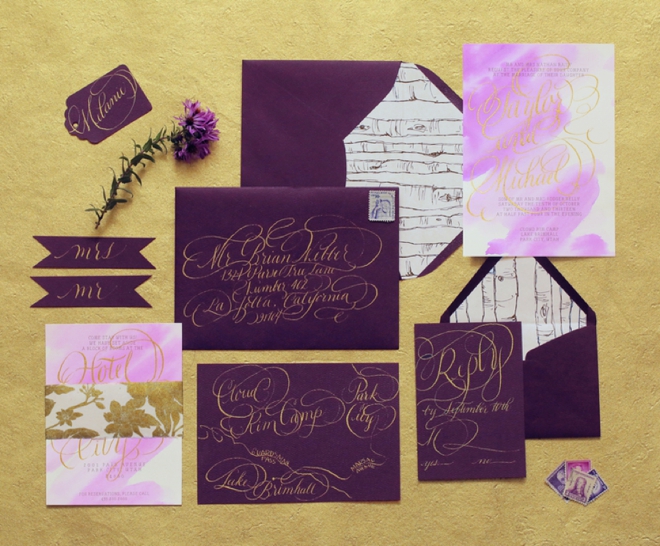 Gorgeous purple watercolor wedding invitation suite with hand lettering