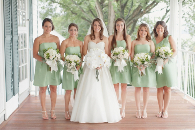 Beautiful bride and her pastel green bridesmaids