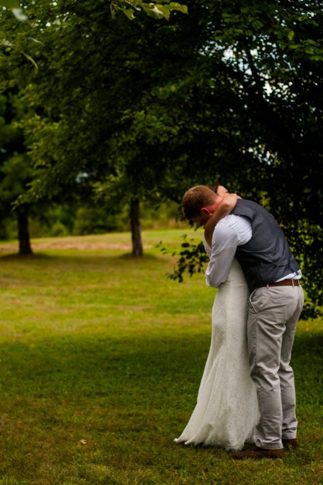 Bride and groom embrace