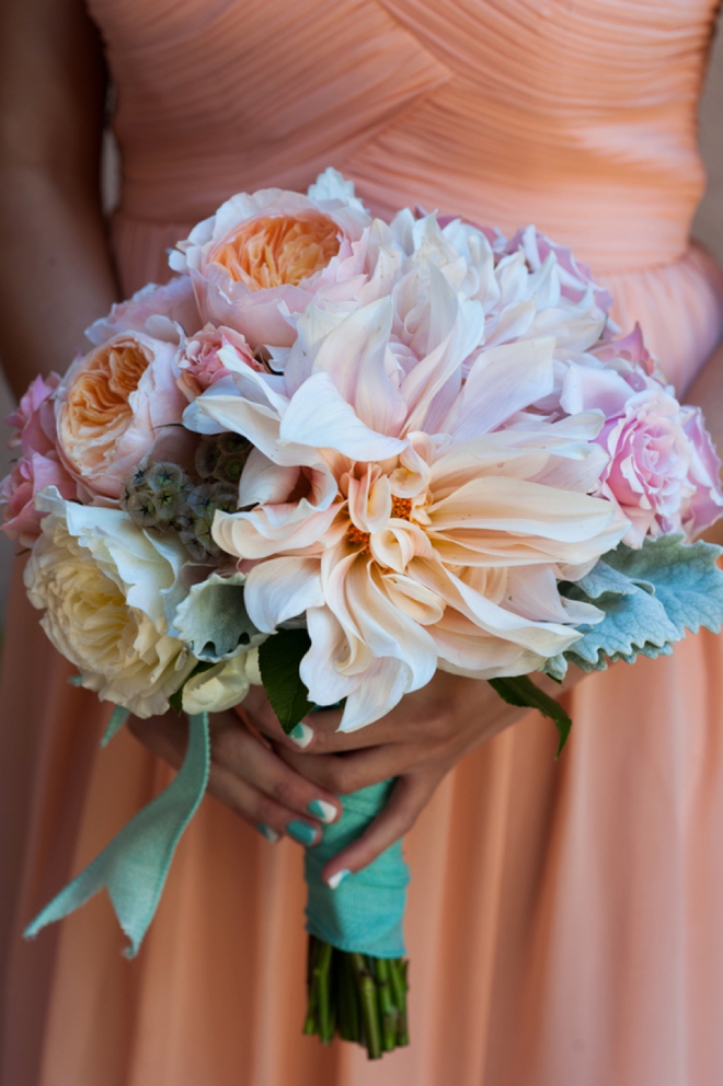Stunning peach and turquoise bridesmaid bouquet