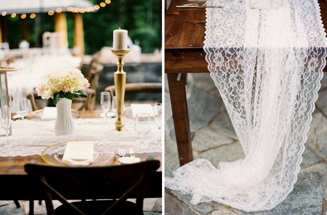Lace table cloths, gold candle sticks