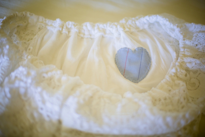 Dad's work shirt heart sewn into the brides dress