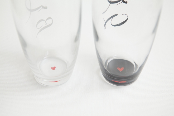 DIY Bride and Groom Champagne Glasses with hidden hearts