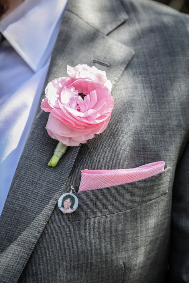 Boutonniere, label photo and pocket square
