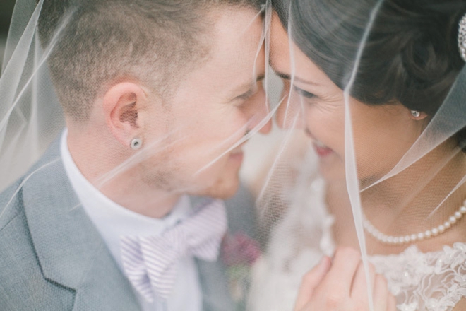 Bride and groom under veil