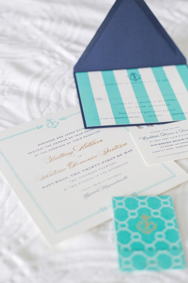 Lovely turquoise and navy blue wedding invitations