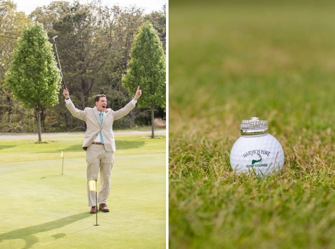 Bride and groom golfing