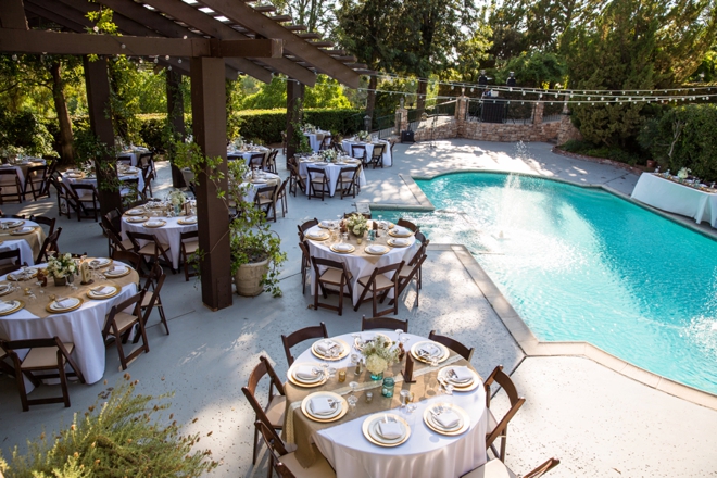 Outdoor wedding reception around a pool