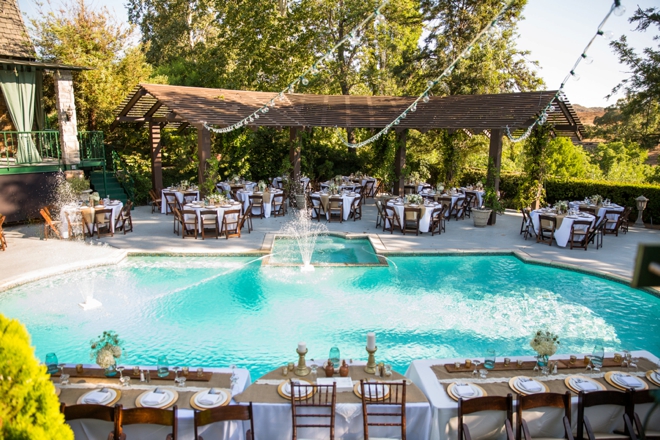 Outdoor wedding reception around a pool