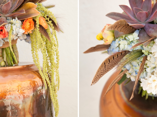 Boho-chic wedding bouquet with feathers and succulents