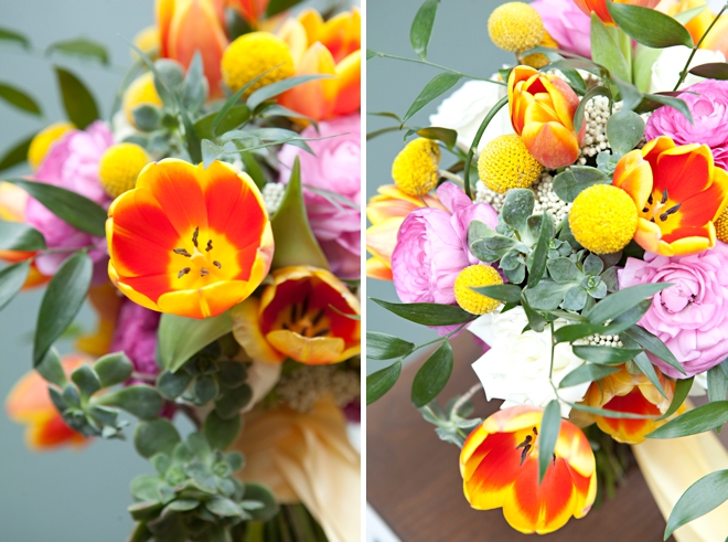 Gorgeous, garden inspired DIY wedding bouquet with tulips, ranunculus and succulents