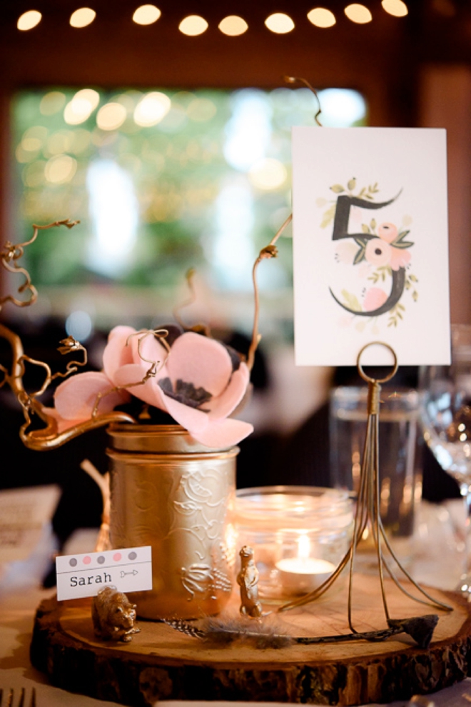 DIY felt flower wedding decor and table number