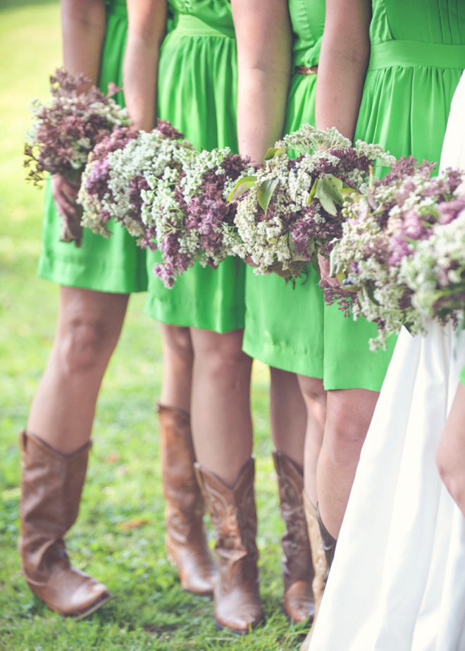 Darling green bridesmaids with handpicked bouquets!