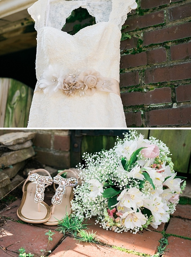 Brides dress, bouquet and shoes