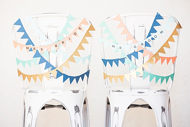 Adorable, DIY bunting flag banner for your wedding reception chairs!